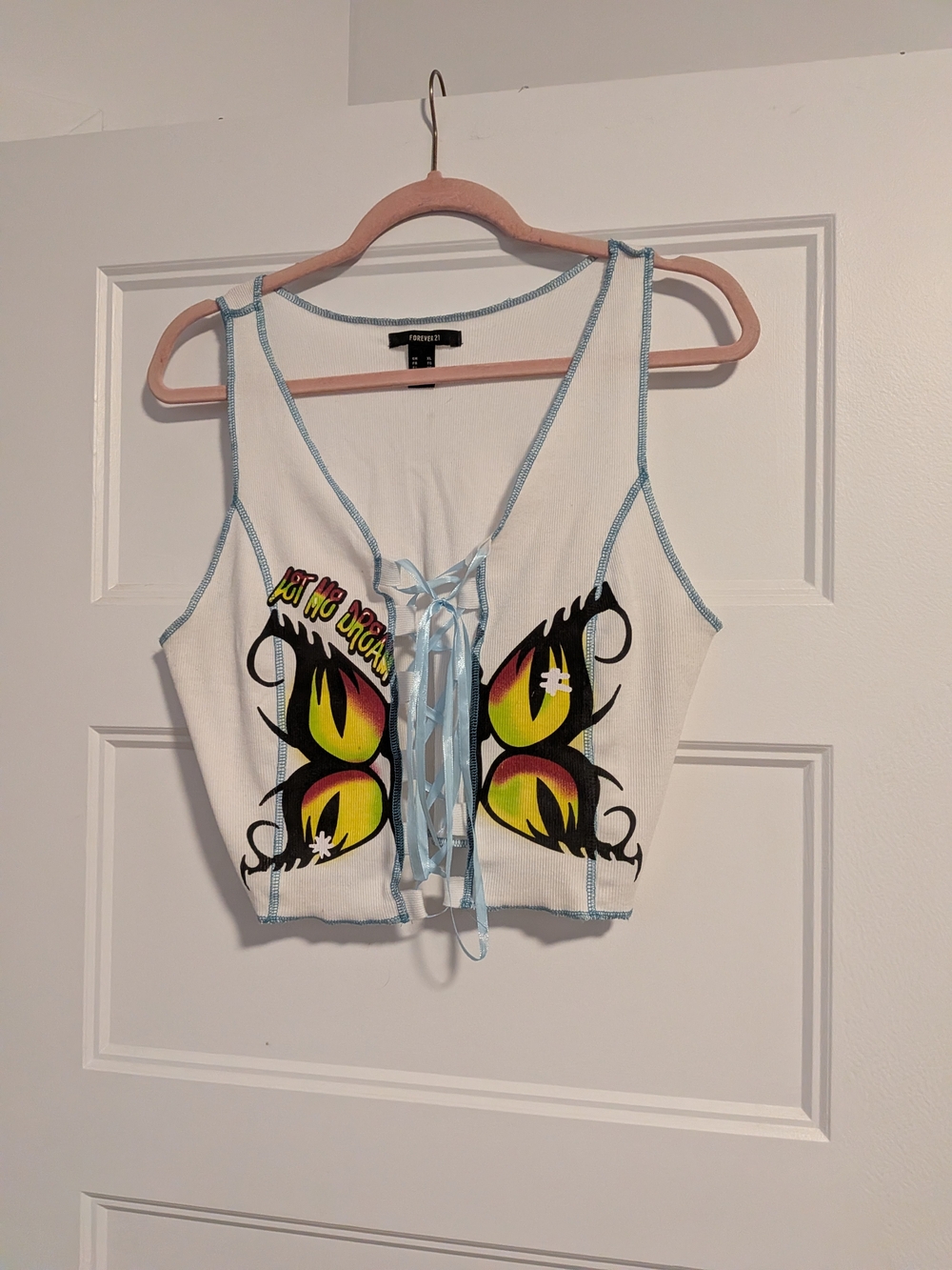 Forever 21 White Butterfly Lace-Up Crop Tank with Yellow Accent